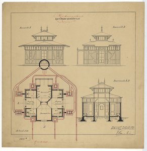 215054 Opstanden, plattegrond en doorsnede van het retiradegebouwtje op de Neude te Utrecht, met aanwijzing van het ...